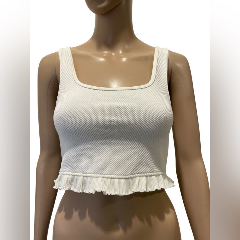 Zara White Ribbed Crop Top with Ruffle Hem size XS/S